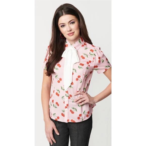 Unique Vintage Smak Parlour Pink & Cherry Power Play Blouse M 6 8 NWOT - Picture 2 of 5